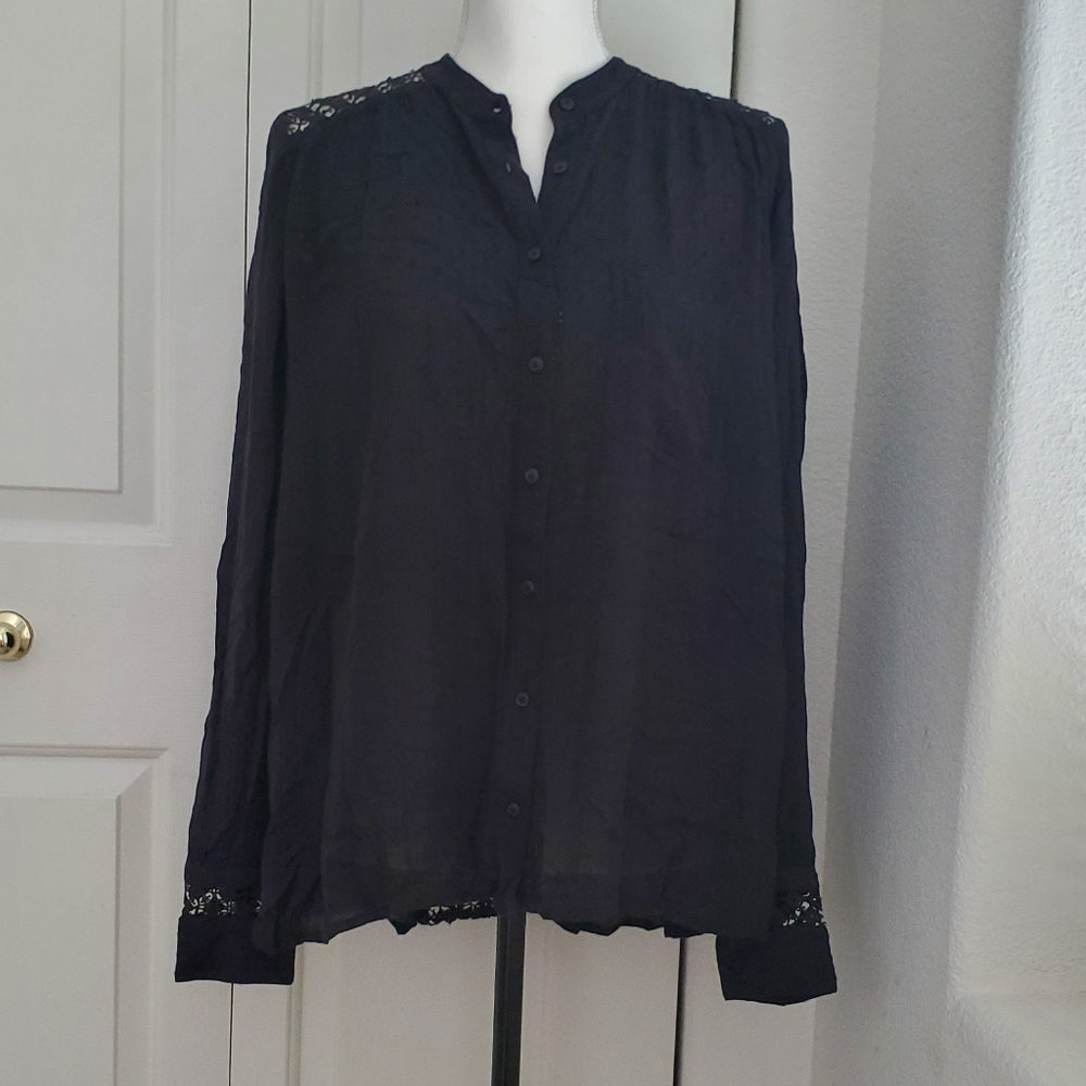 Free People Long Sleeve Black Crochet Top